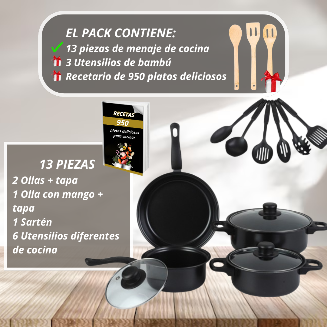 Juego de Menaje 13 piezas + 3 Utensilios + Recetario 950 Recetas