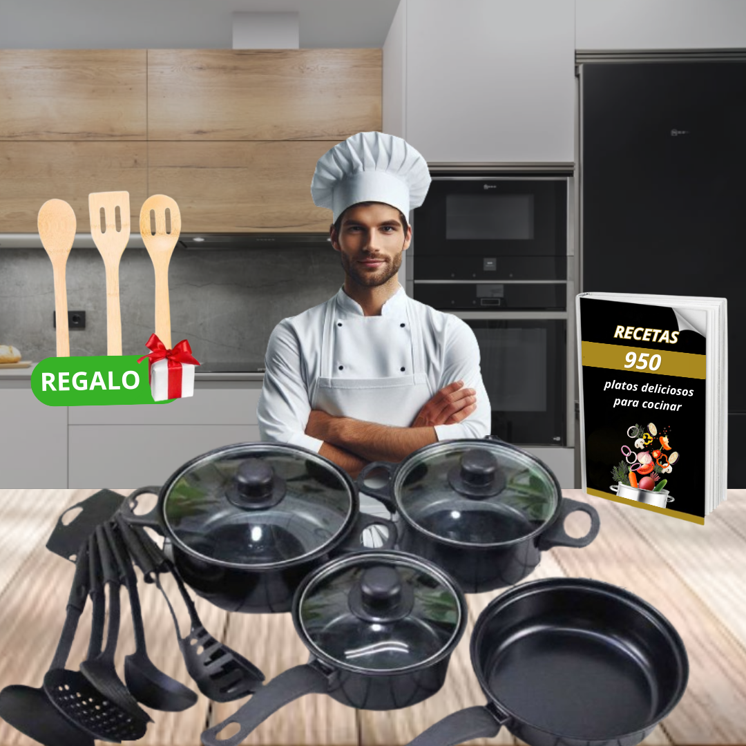 Juego de Menaje 13 piezas + 3 Utensilios + Recetario 950 Recetas